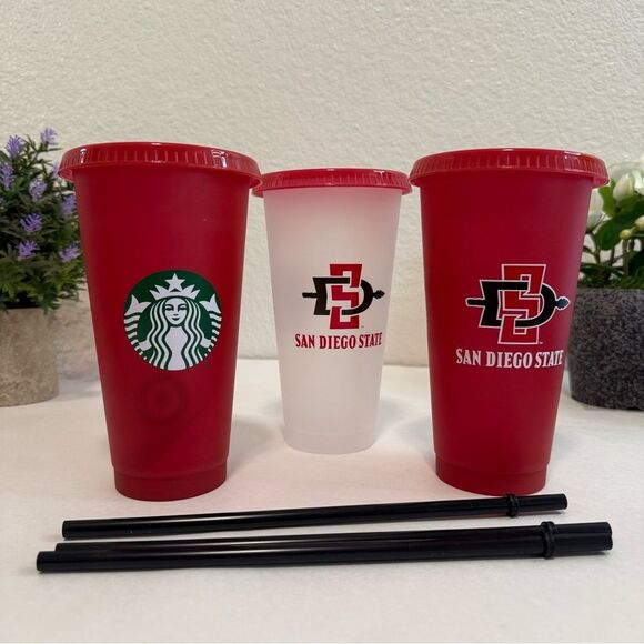 Starbucks SDSU Red/White Tumbler Set, 3 Cups, 3 Lids, 3 Reusable Straws, New - Picture 1 of 9